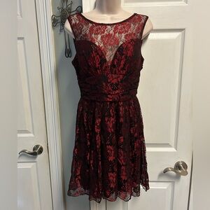 Elegant Red Black Lace Dress Womens Small Medium Holiday Christmas Flirty Fairy